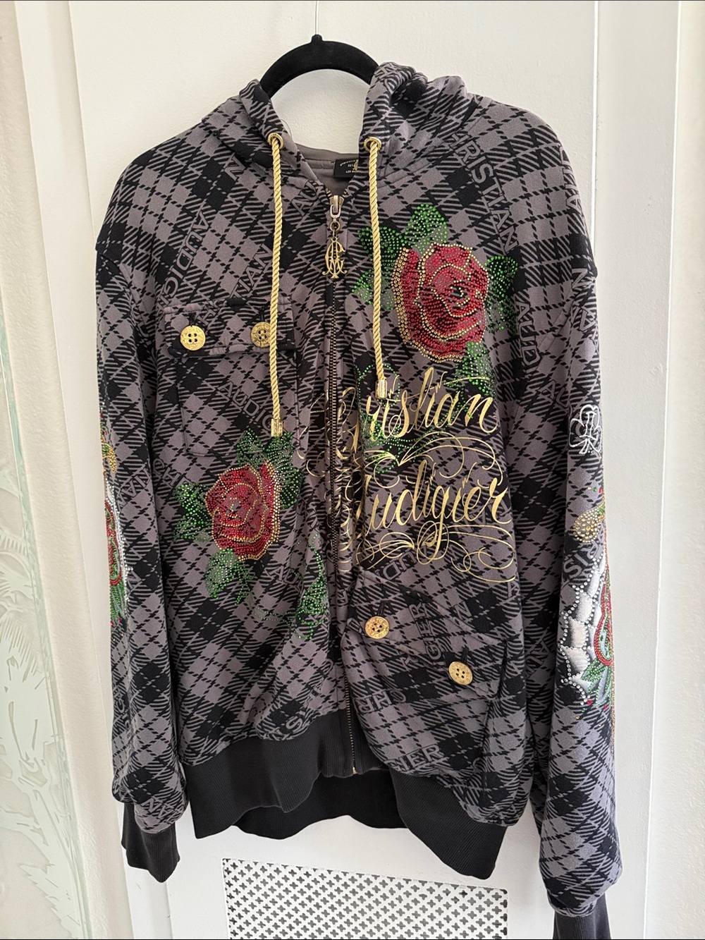 Christian Audigier Black & Gray Plaid Zip Hoodie with Embroidered Red Roses